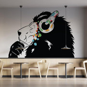 Stylish lion wall sticker with headphones in a modern cafe setting.