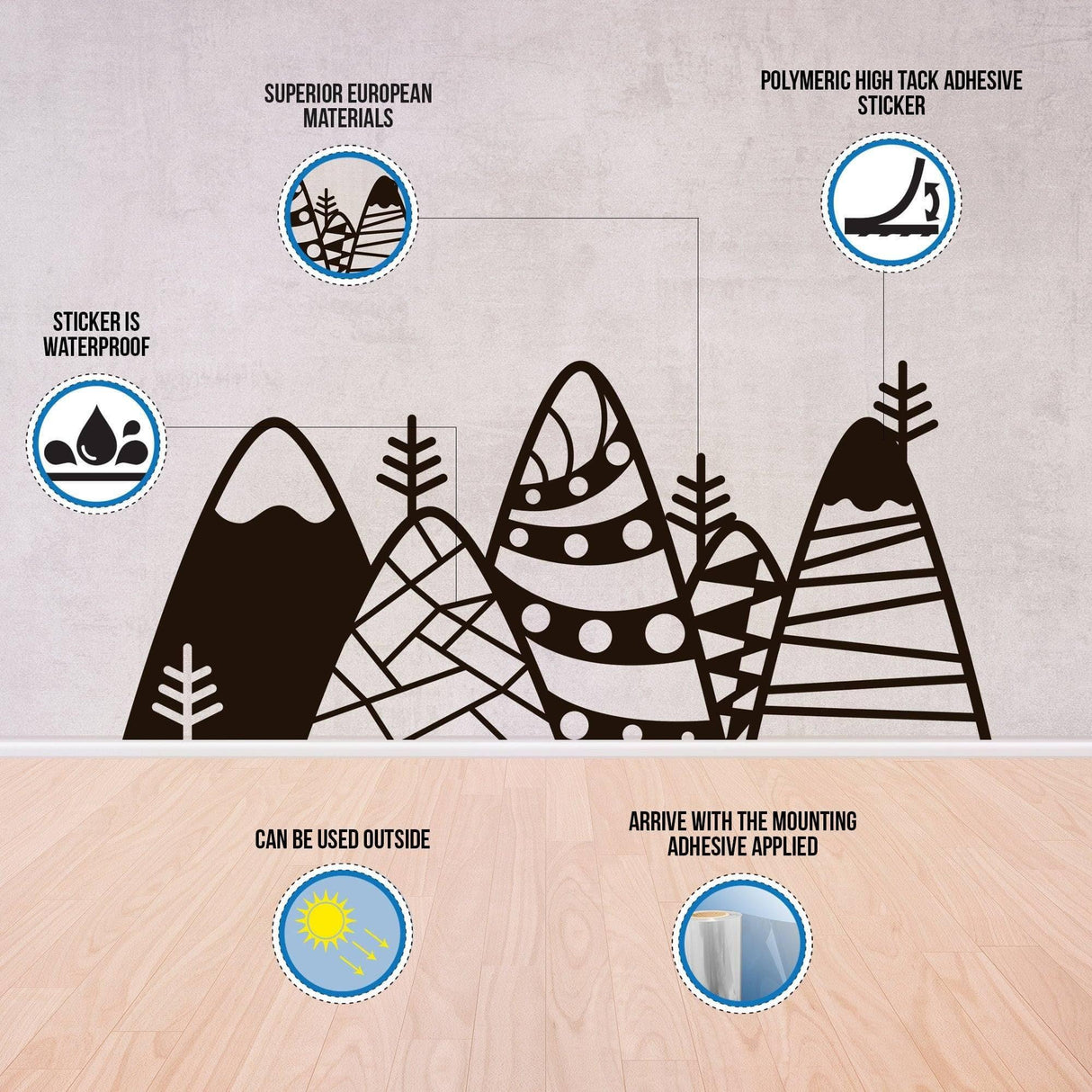 Waterproof mountain wall sticker made from quality European materials, versatile for indoor and outdoor use.