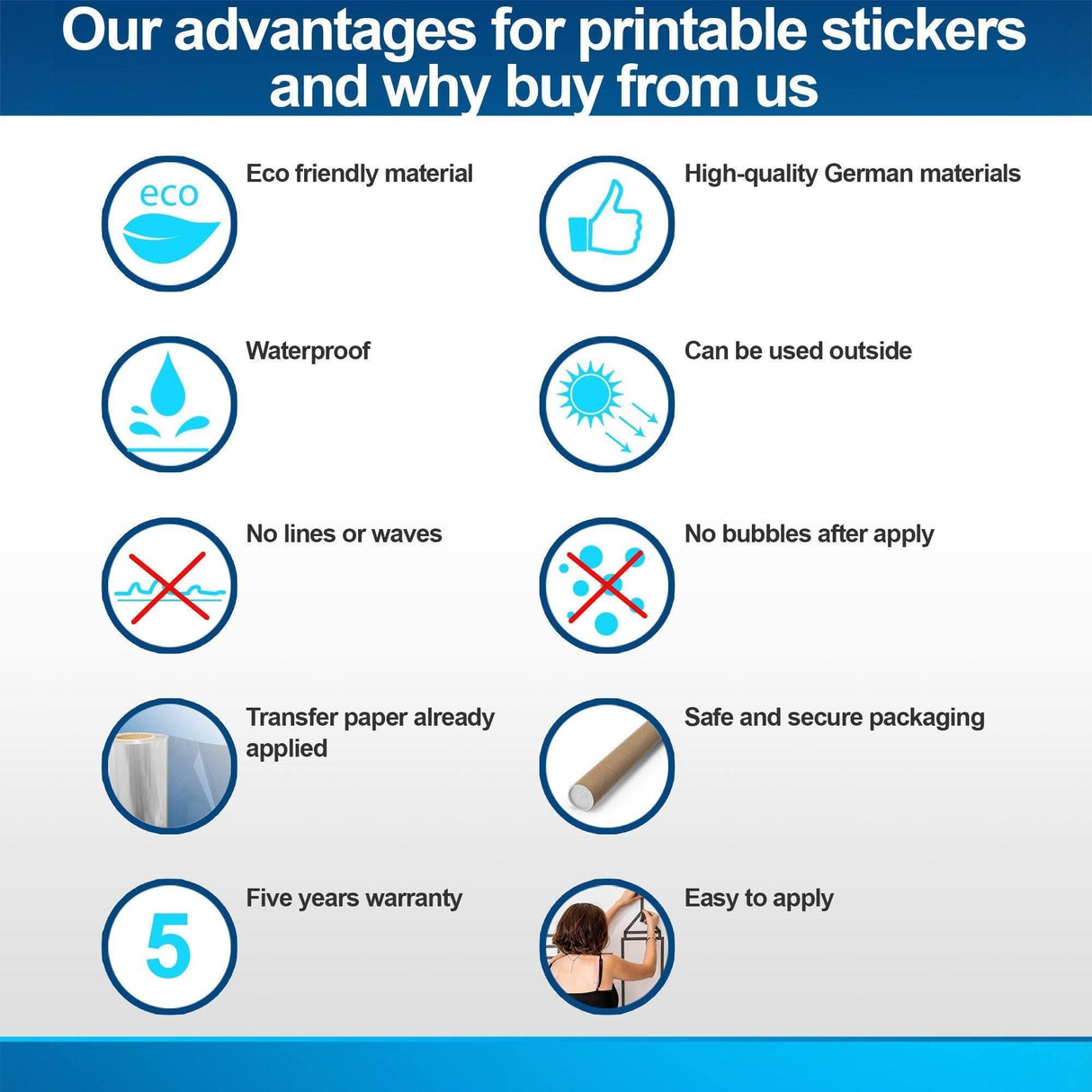 Advantages of printable stickers: eco-friendly, waterproof, easy to apply, high-quality materials, and five years warranty.