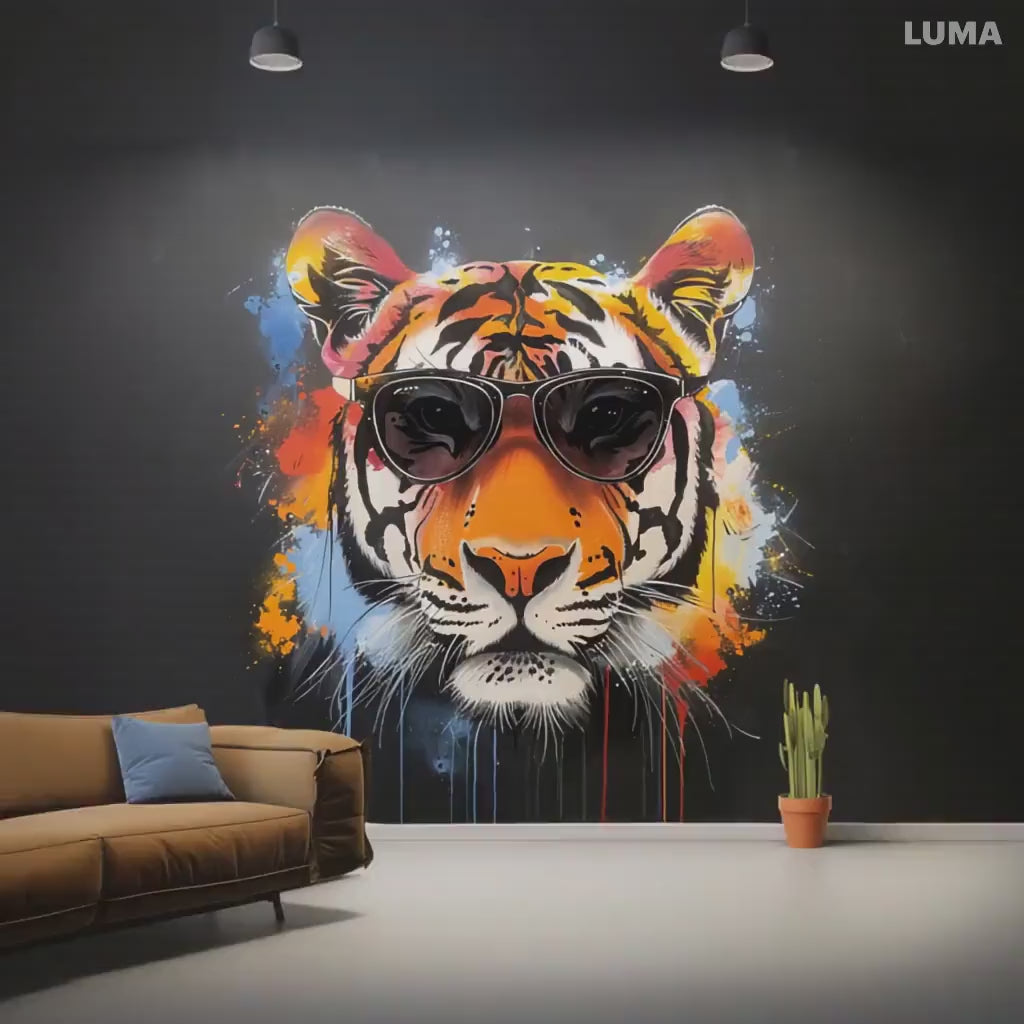 Graffiti Tiger Wall Sticker with Sunglasses | Bold and Vibrant Animal Art Decal | Modern Urban Home Decor | Statement Living Room Wall Art
