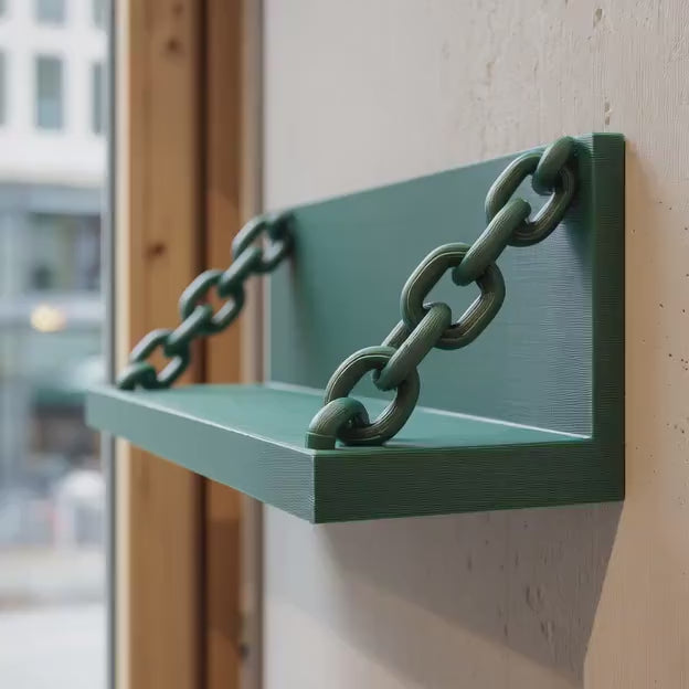 3D Printed Chain Wall Shelf | Industrial Floating Ledge with Chains | Modern Minimalist Shelf for Urban, Loft or Gaming Interior