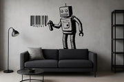 Black vinyl robot barcode wall decal on a gray wall above a modern sofa in an industrial style room.