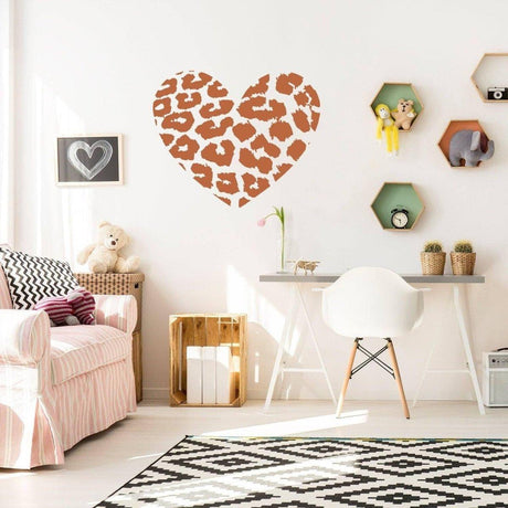 Leopard heart vinyl wall art decal adding aesthetic wild beauty to modern living space.