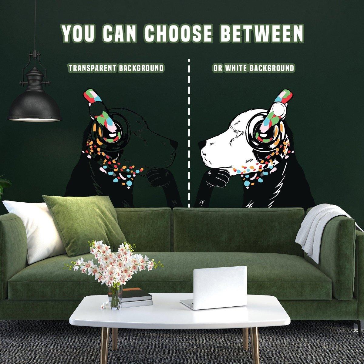 Banksy style dog wall sticker with headphones, options for transparent or white background, vibrant home decor