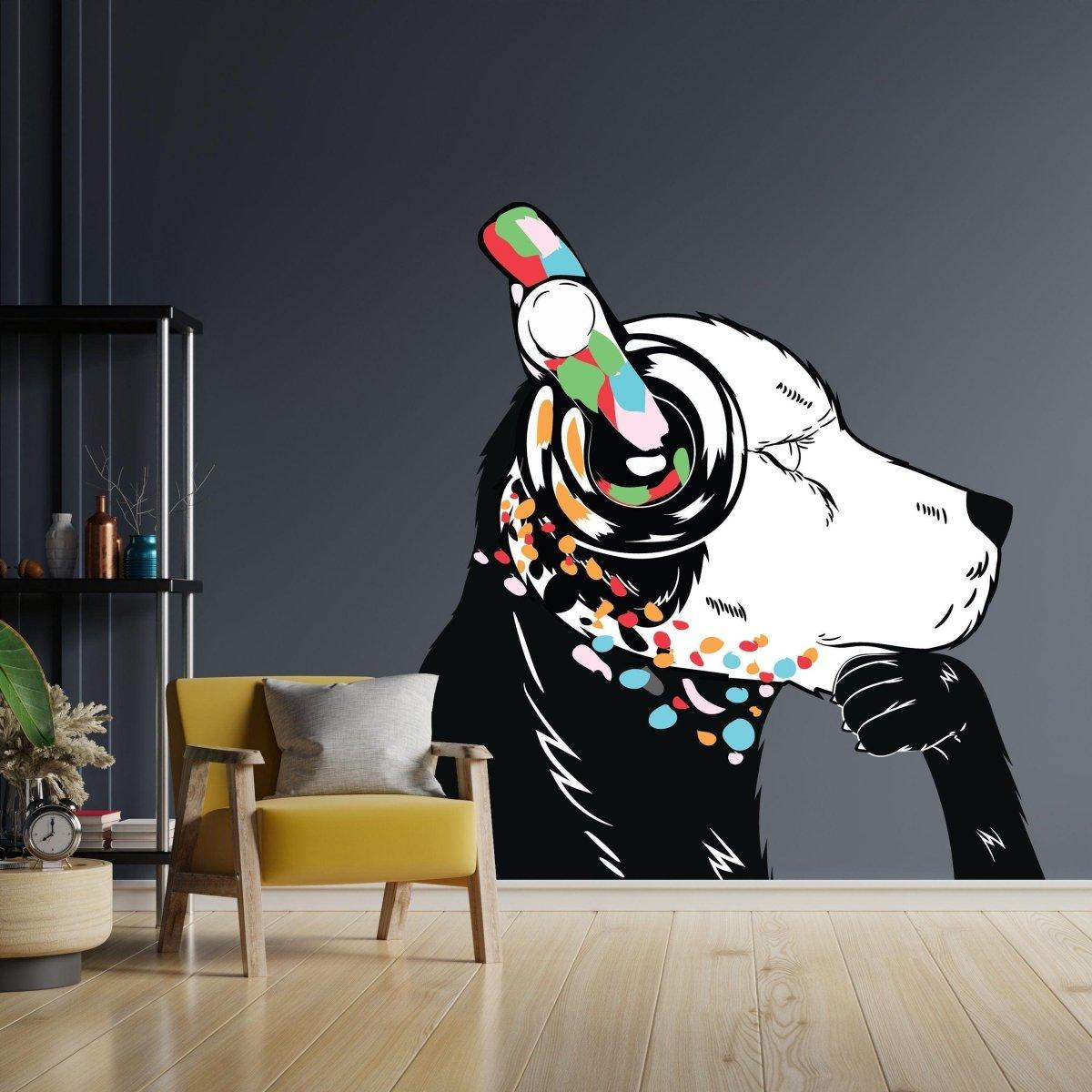 Banksy style dog wall sticker with colorful headphones, adding artistic flair to modern home decor.