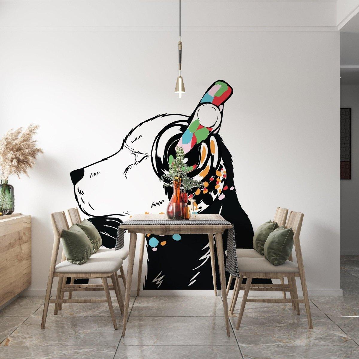 Banksy style dog wall sticker in modern dining area, showcasing vibrant colors and urban art design.