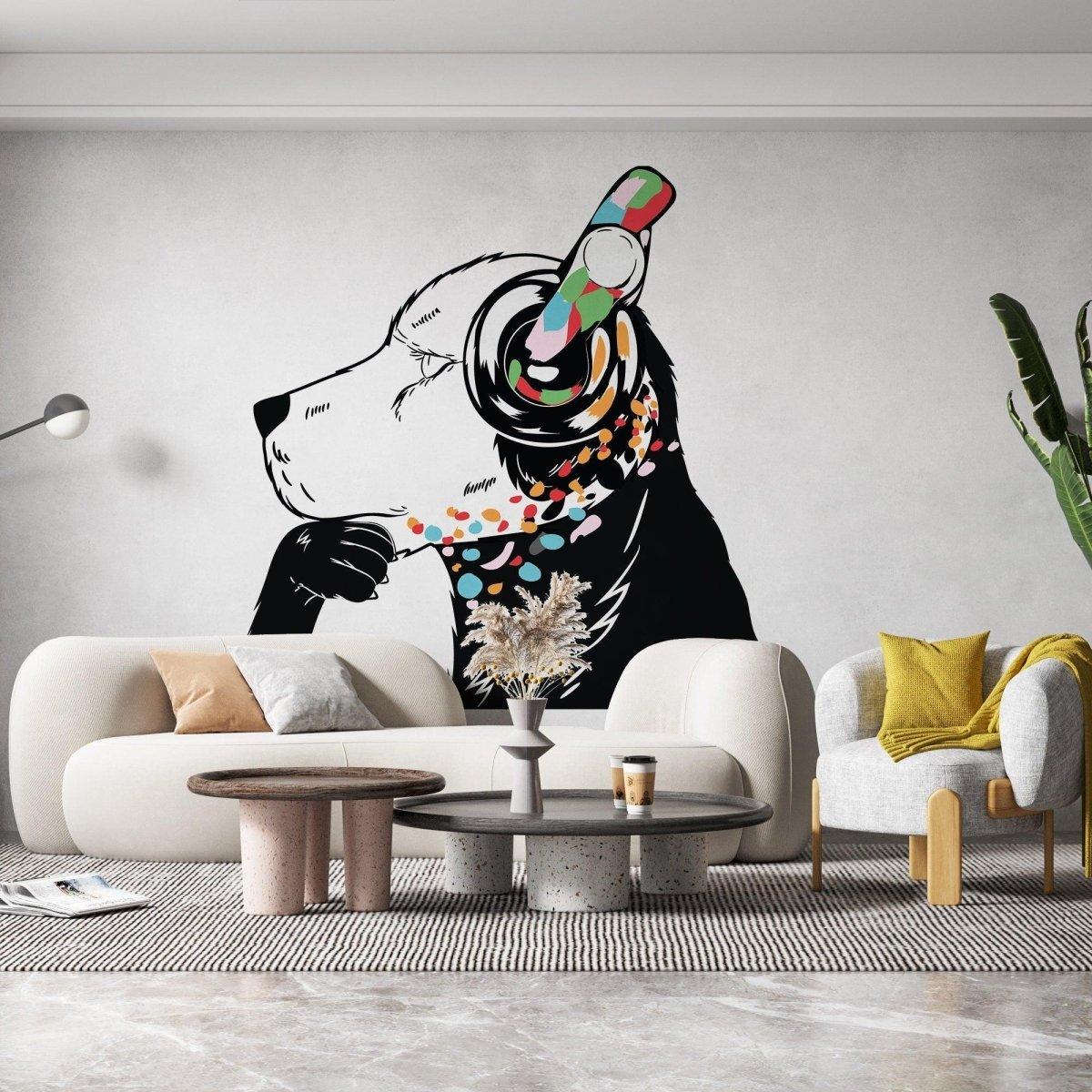 Banksy style dog wall sticker in modern living room, depicting a dog with headphones and colorful details.