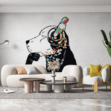 Banksy style dog wall sticker in modern living room, depicting a dog with headphones and colorful details.