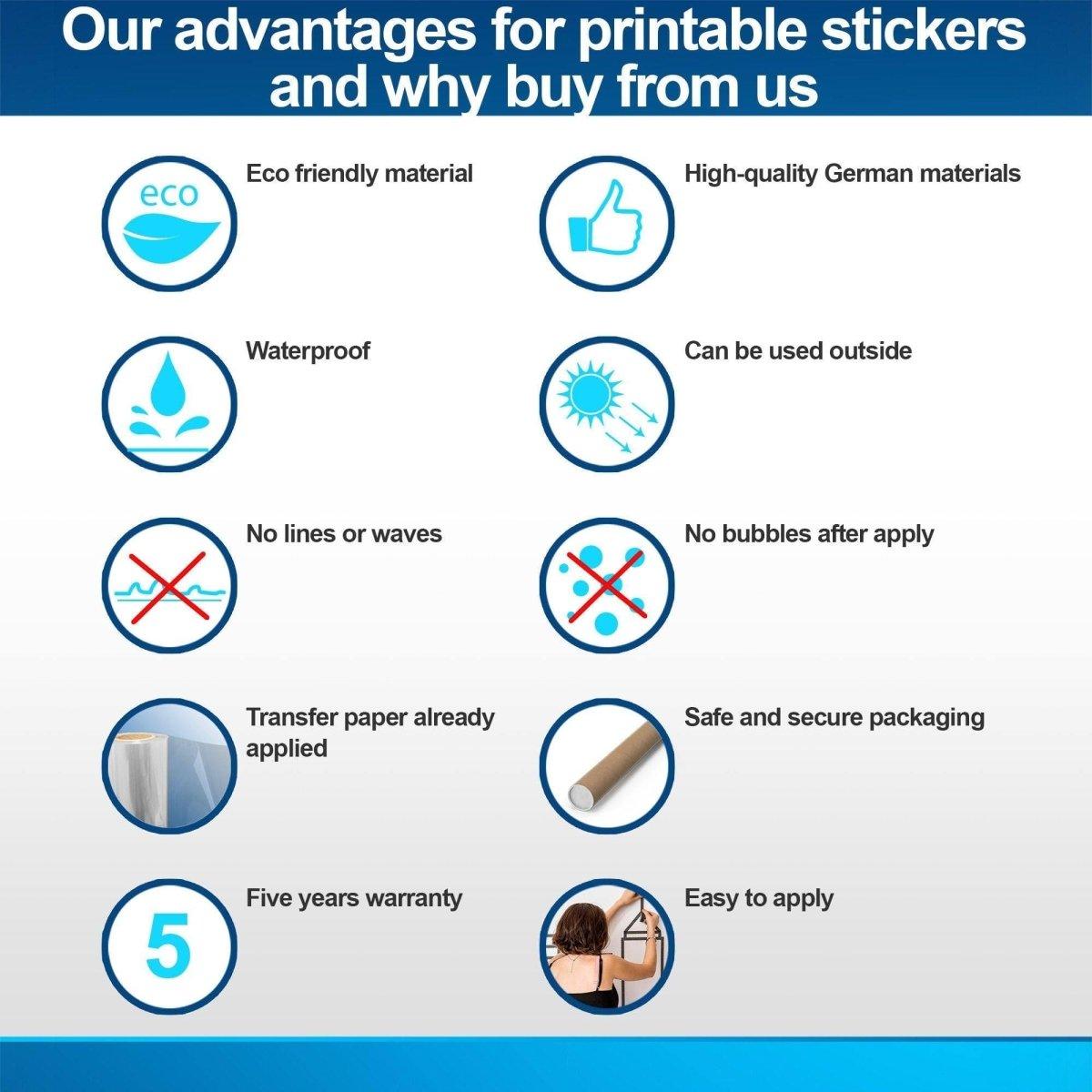 Graphic showing advantages of printable stickers: eco-friendly, waterproof, no bubbles, five-year warranty, easy to apply.