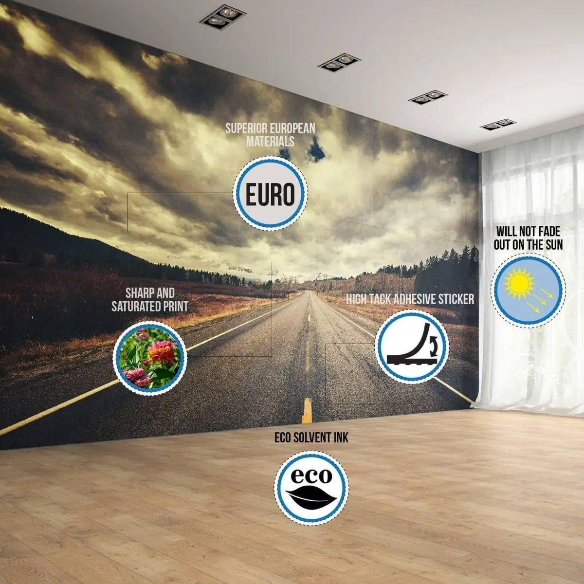 Interior featuring a scenic road wall mural with eco-friendly materials and vibrant colors for stylish home decor.