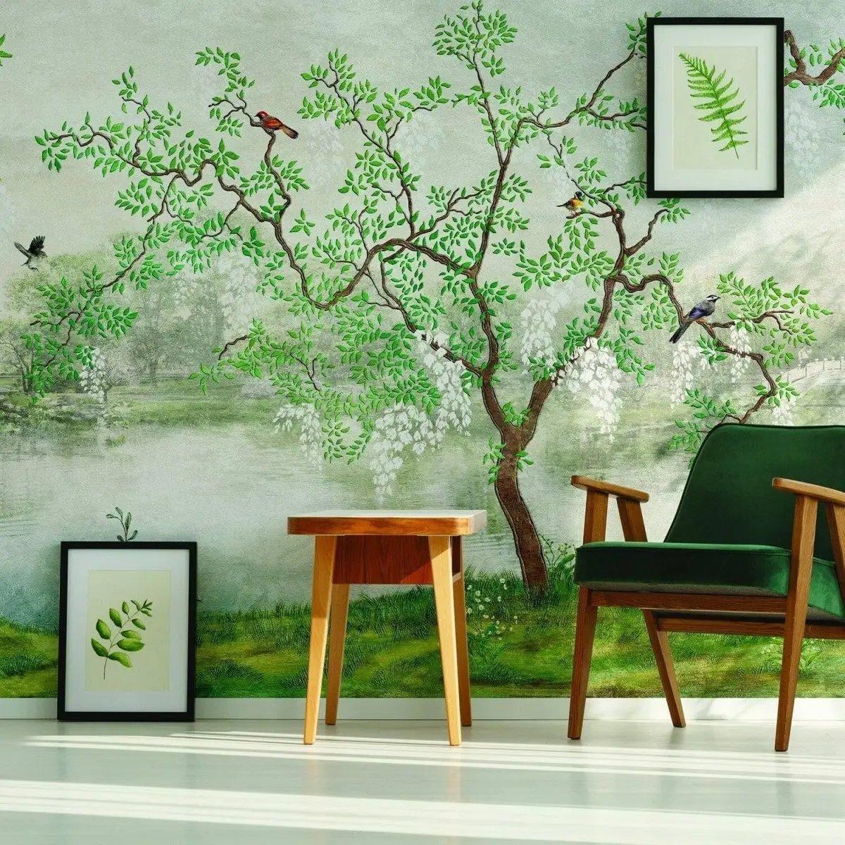 Dreamy Chinese garden wall mural featuring lush greenery and birds, perfect for home decor and relaxation.