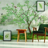 Dreamy Chinese garden wall mural featuring lush greenery and birds, perfect for home decor and relaxation.