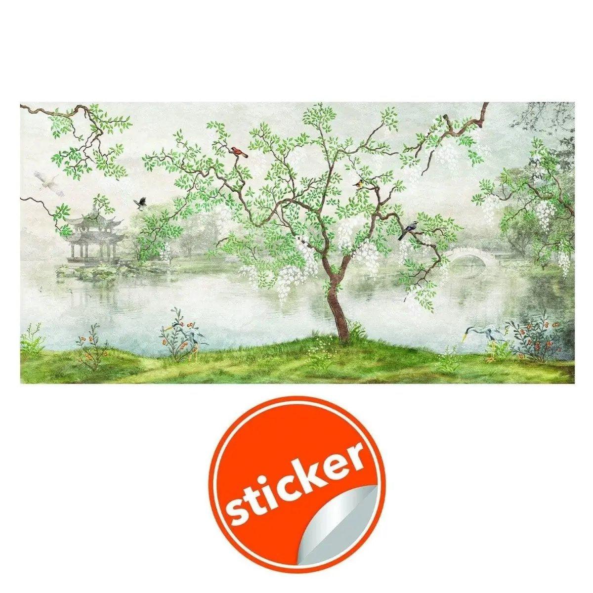 Dreamy Chinese garden wall mural with tree, designed as a peel and stick wallpaper for home decor.