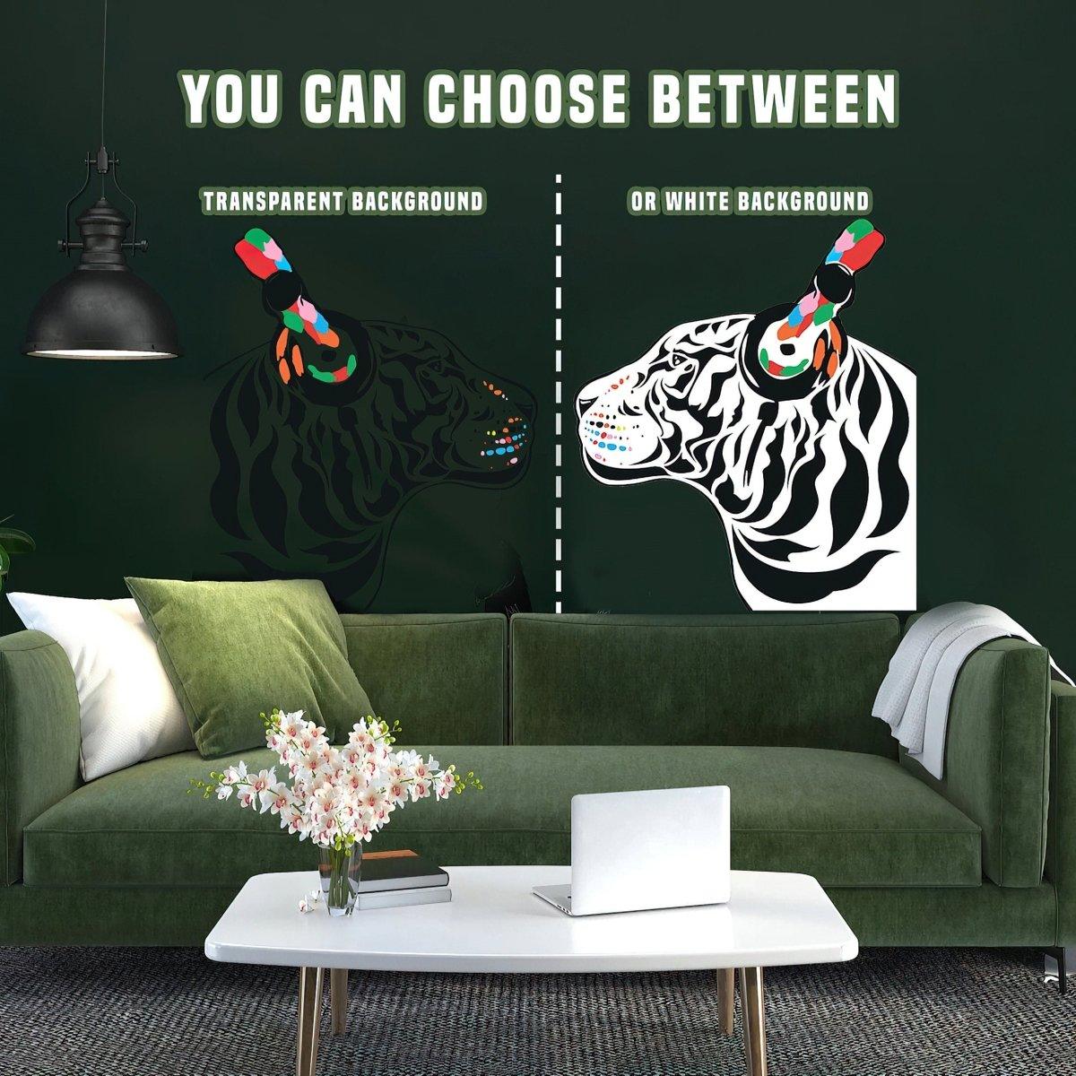 Vinyl wall decal featuring a DJ tiger in black and white options for wall decor, with a modern couch and flowers.
