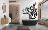 Vinyl wall decal of a DJ tiger in headphones, enhancing modern bathroom decor with music-inspired art.