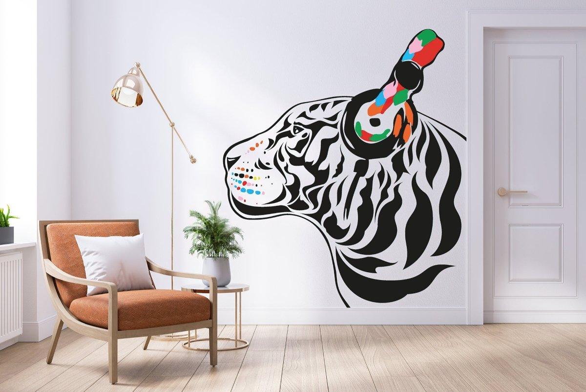 DJ tiger wall decal in vibrant colors adding a cool touch to modern room decor.