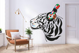 DJ tiger wall decal in vibrant colors adding a cool touch to modern room decor.