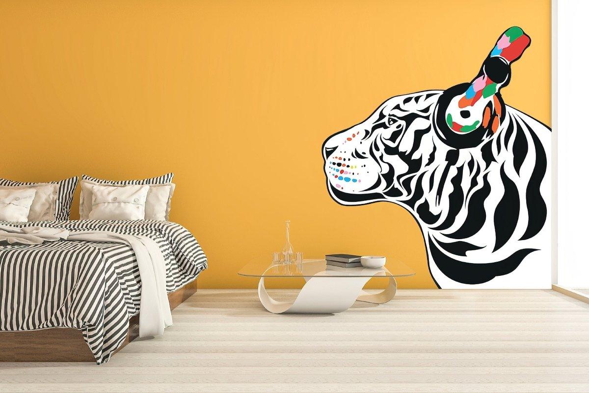 Vinyl wall decal of a DJ tiger with headphones on a vibrant yellow wall, enhancing music-inspired decor.