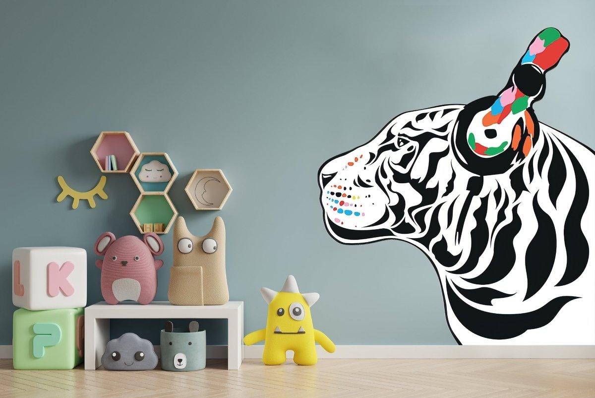 Vibrant DJ tiger vinyl wall decal in child-friendly room decor with colorful toys.