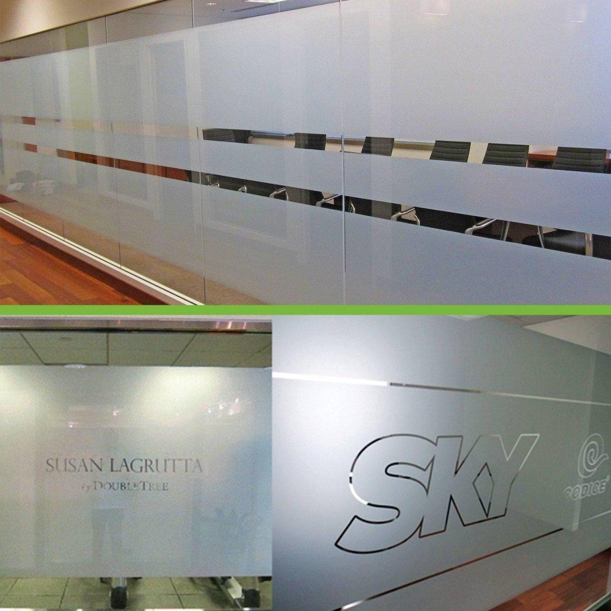 Stylish privacy glass decals featuring custom etching for elegant interior spaces and enhanced privacy.