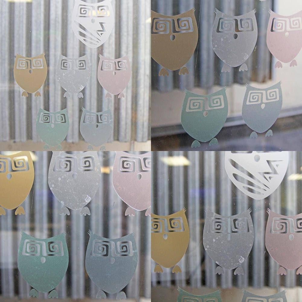 Stylish owl-themed etched glass decal showcasing playful designs, perfect for enhancing privacy and interior decor.