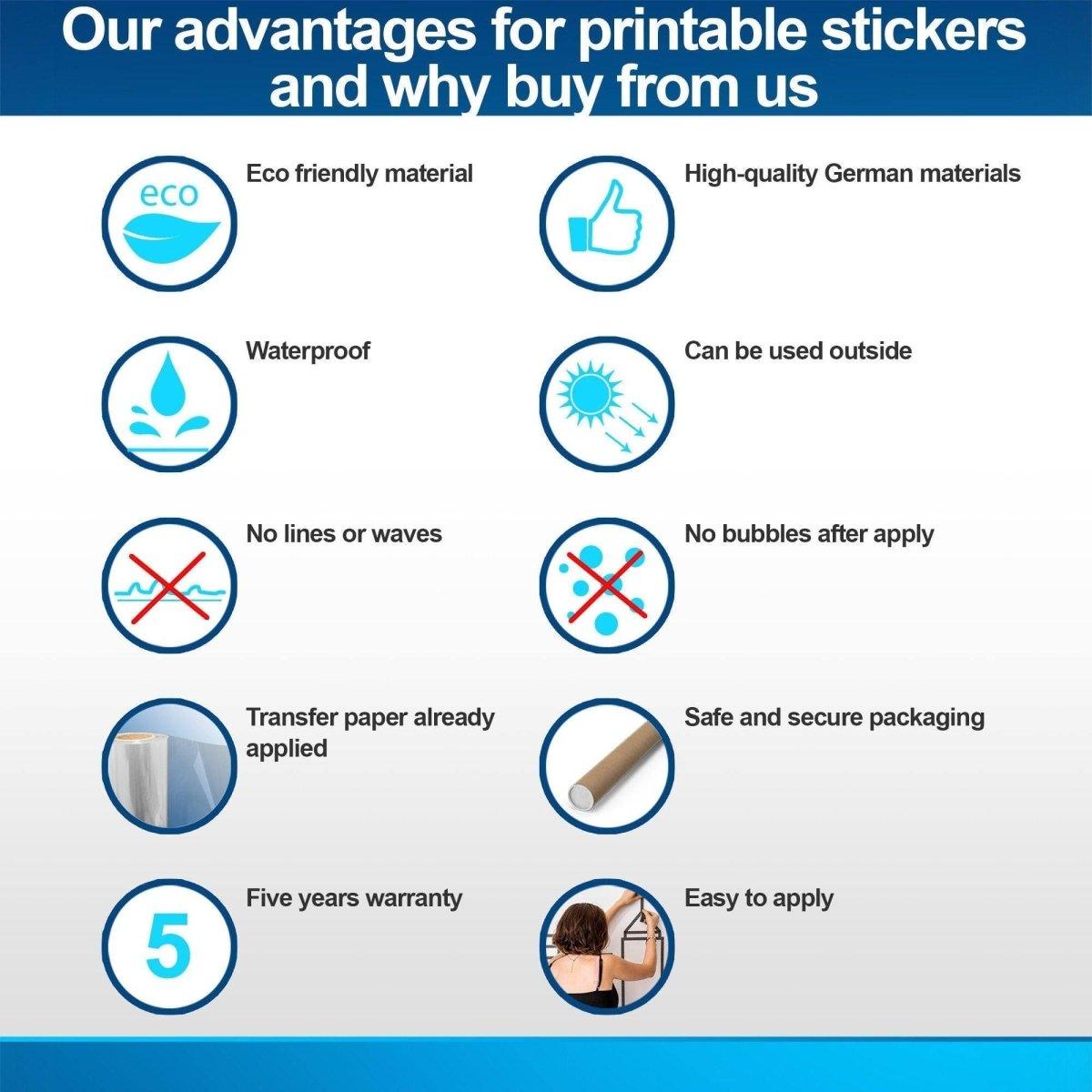 Infographic showcasing advantages of printable stickers, highlighting eco-friendly, waterproof, and easy application features.