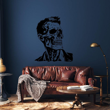 Stylized anatomical portrait vinyl decal displayed on a blue wall.