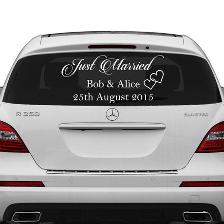 Custom Just Married vinyl wedding sticker on a car window featuring names Bob & Alice and wedding date 25th August 2015.