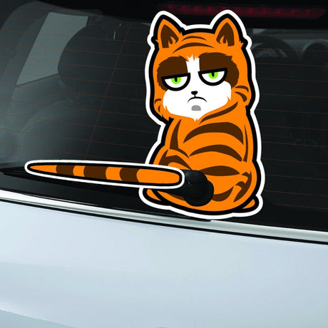 Rear window car decal of a cartoon orange cat with a serious expression, perfect for truck windshields.