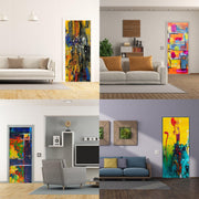 Four stylish interiors showcasing 3D door cover stickers with abstract designs, enhancing modern home decor.
