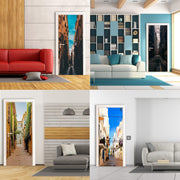 Collage of rooms with 3D door cover stickers depicting stunning street wallpaper designs.