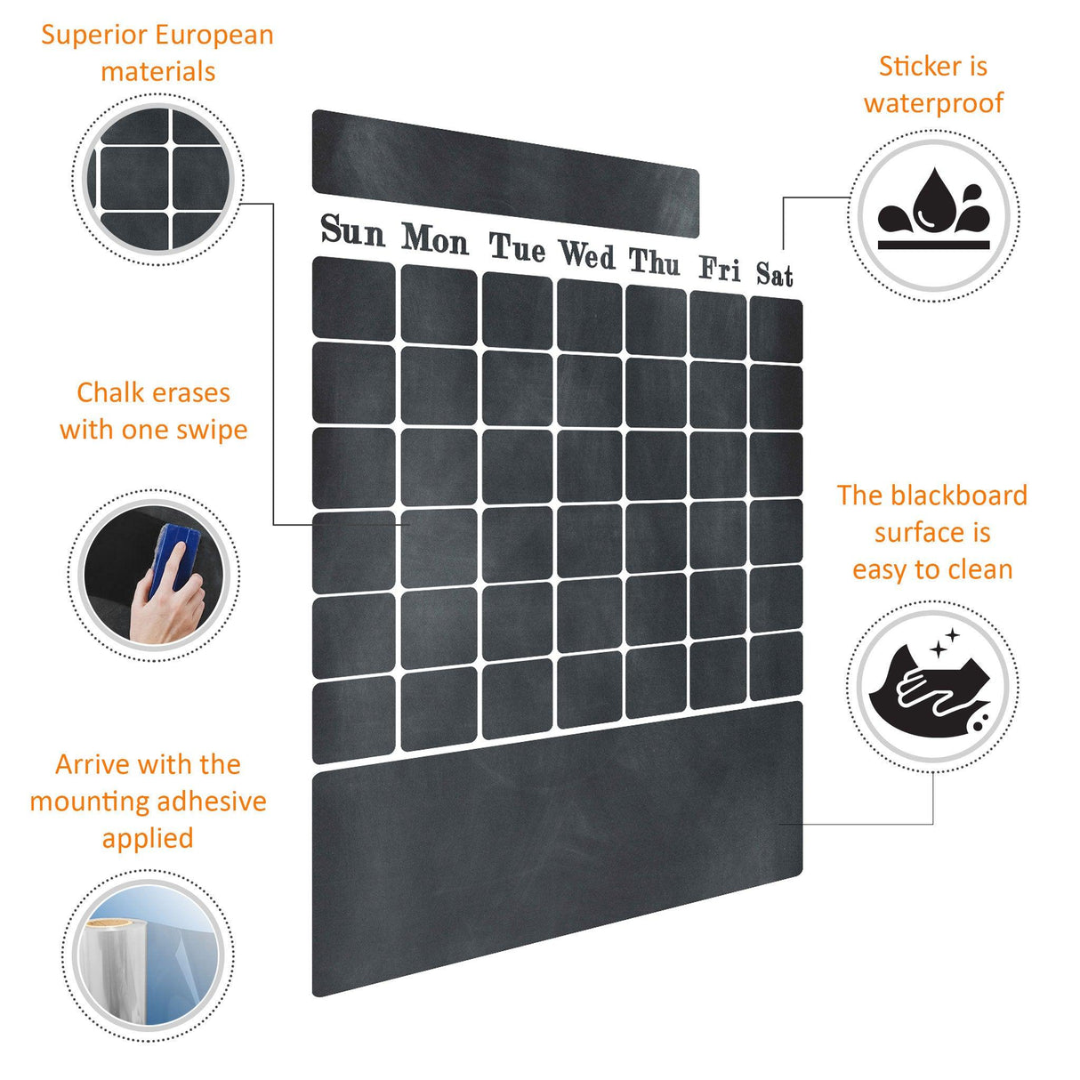 Kitchen blackboard decal wall calendar sticker with chalk spaces and easy clean features, suitable for fridges.