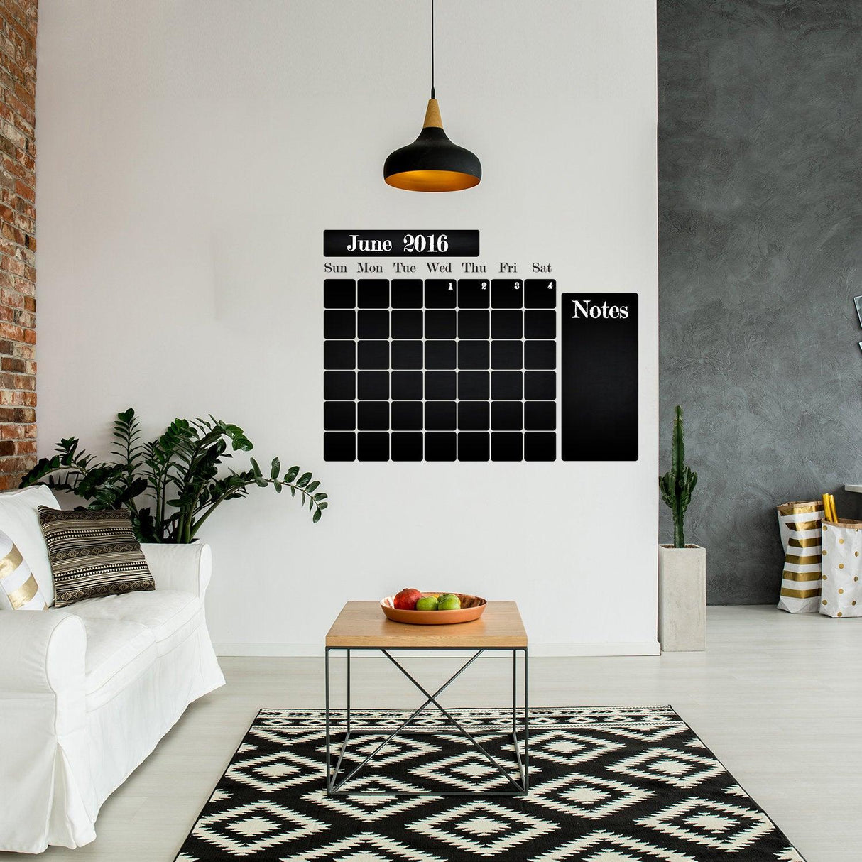 Kitchen blackboard decal wall calendar with notes section in modern living room decor.