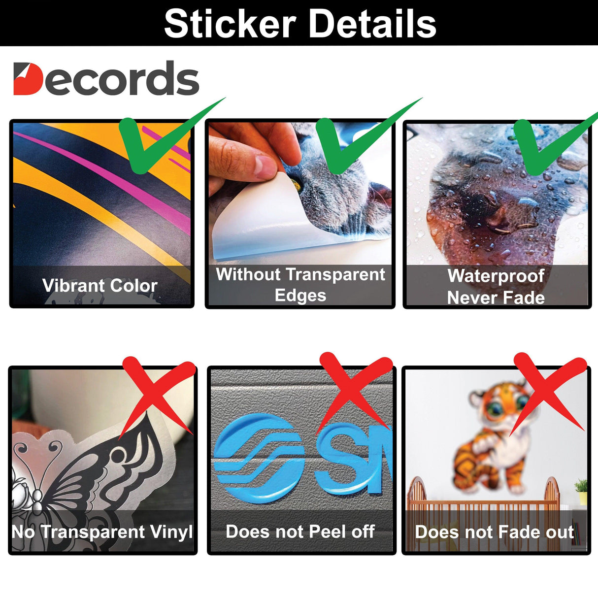 Sticker details showing features like vibrant color, waterproof quality, and non-transparent vinyl.