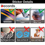 Sticker details showing features like vibrant color, waterproof quality, and non-transparent vinyl.