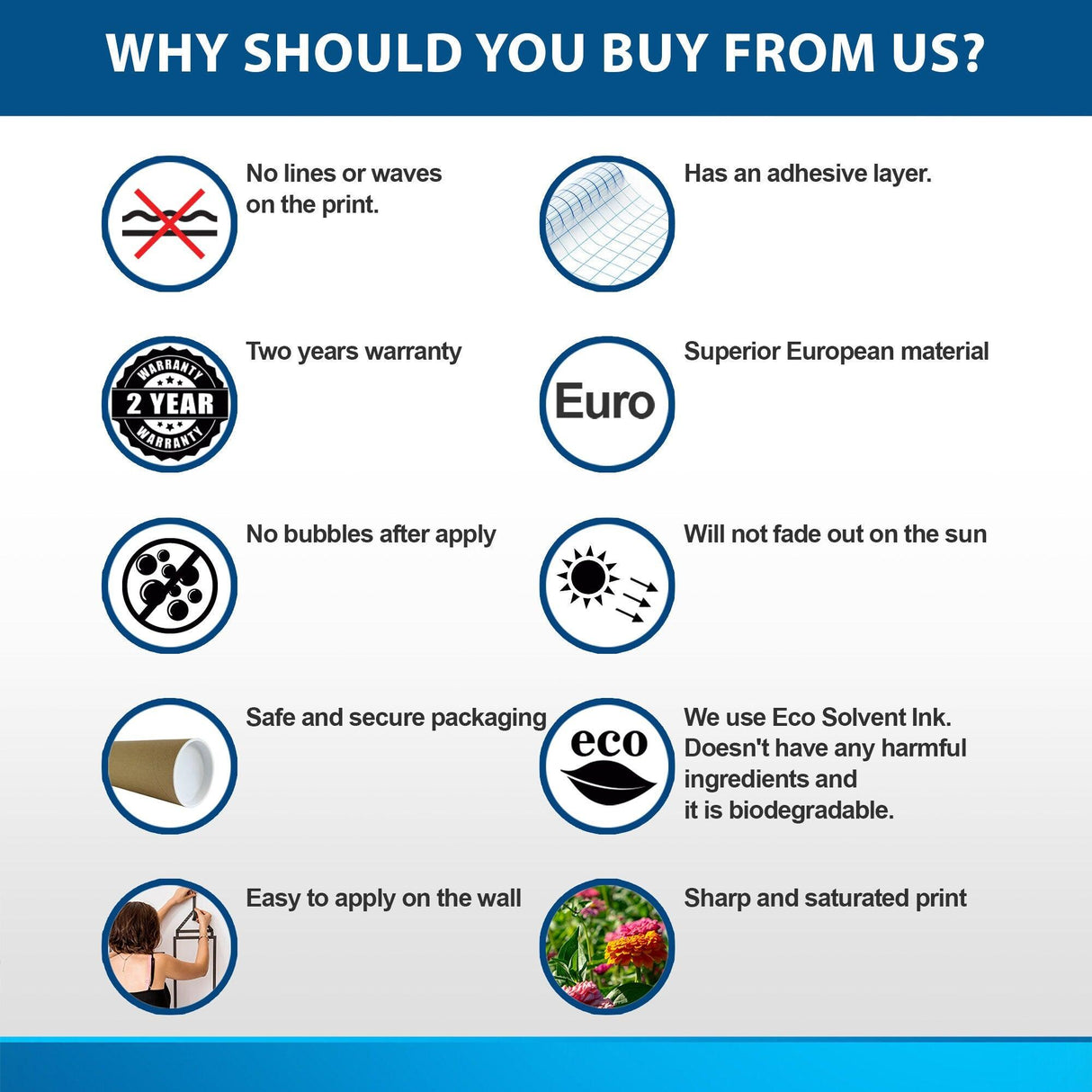 Graphic highlighting the benefits of purchasing vinyl wall decals, including durability and eco-friendly materials.