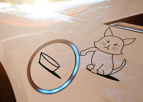 Funny cat vinyl sticker with gas pump reminder on a car surface, highlighting empty gas tank warning.