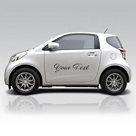 Custom die-cut vinyl text sticker displayed on a vehicle.